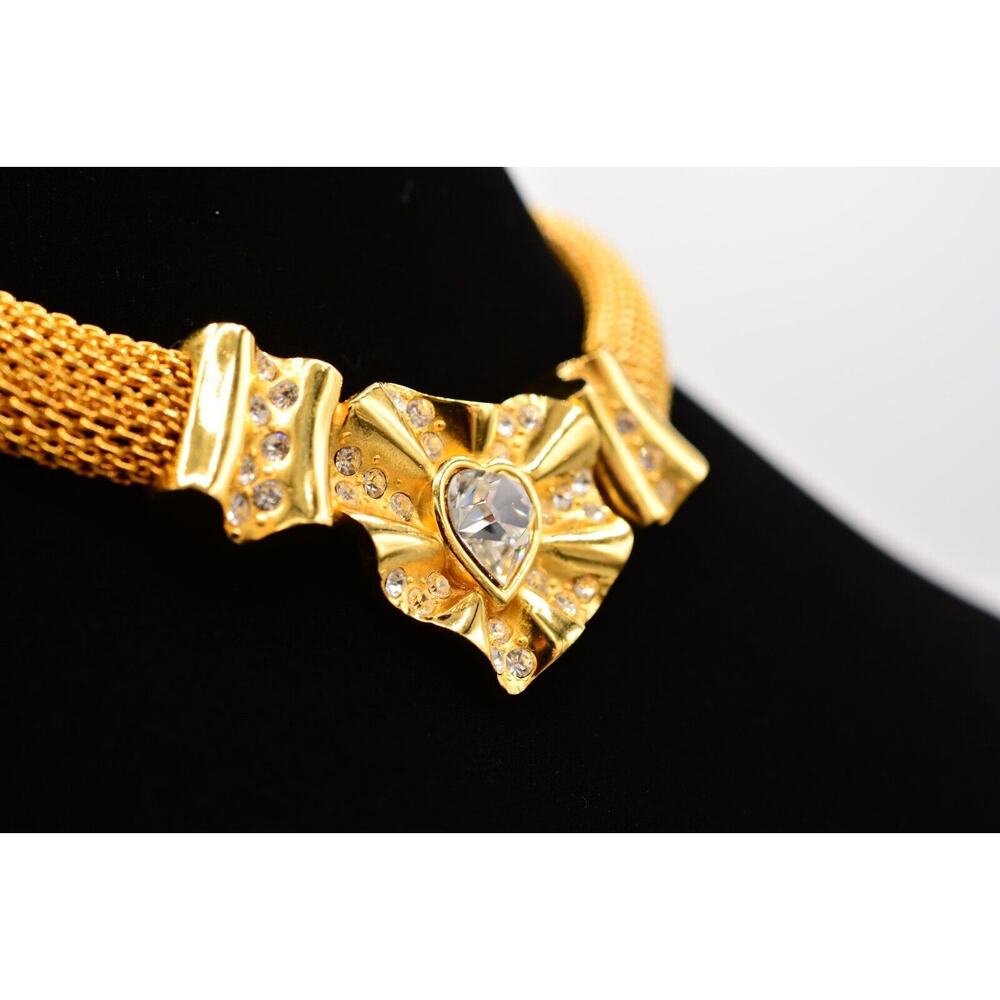 Givenchy Vintage Crystal Heart Choker Necklace Brushed Gold NOS Signed 80s Bin7A - Picture 3 of 12
